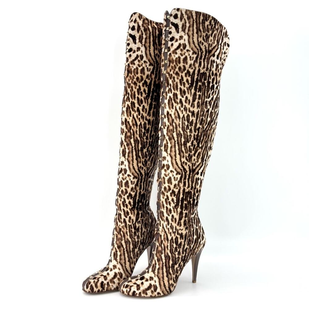 Valentino Rockstud Over the Knee Leopard Print Cowhair Stiletto Boots 40